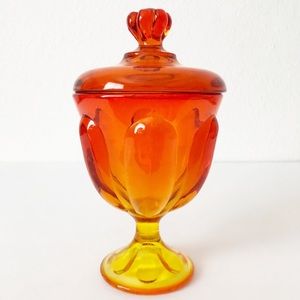 Vintage MCM Viking 6 Petal Persimmon Orange Glass Compote Candy Dish